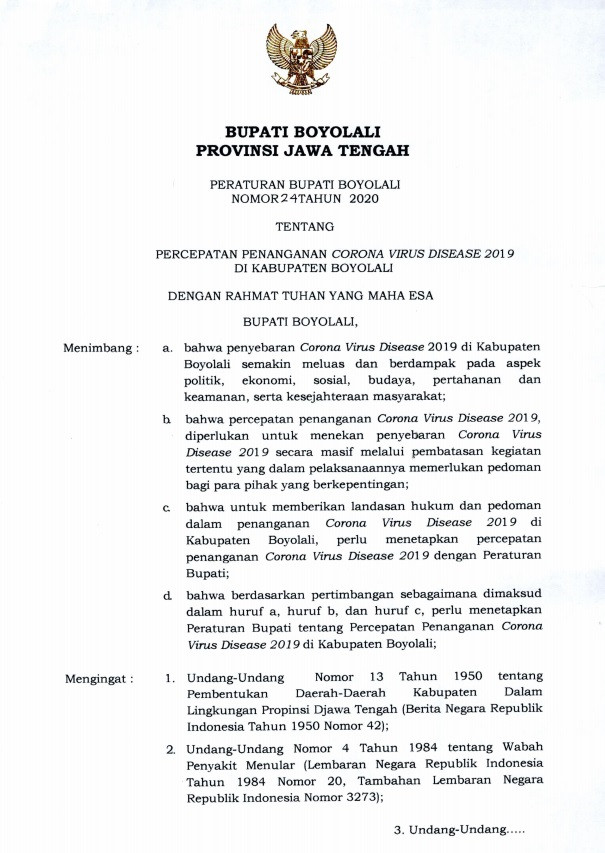 Peraturan Bupati Boyolali Nomor 24 Tahun 2020